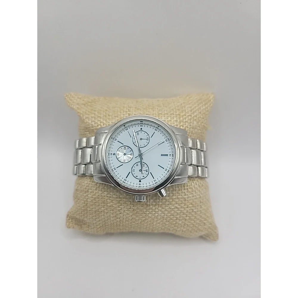 Vintage Silver Tone Chronogragh‎ Style Quartz Watch Metal Link Bracelet